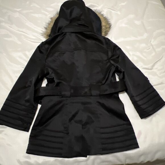 Guess Jacket Trench Coat Removable Faux Fur Trim Hood Womens M Black Gold Lined - Picture 10 of 15